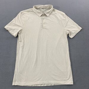 Lululemon Polo Shirt Mens Large Beige Gray Micro Stripe Performance Golf Stretch